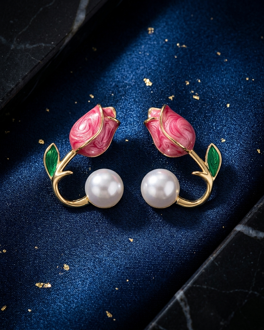 Korean-style Pink Tulip Pearl Stud Earrings | Zaryab
