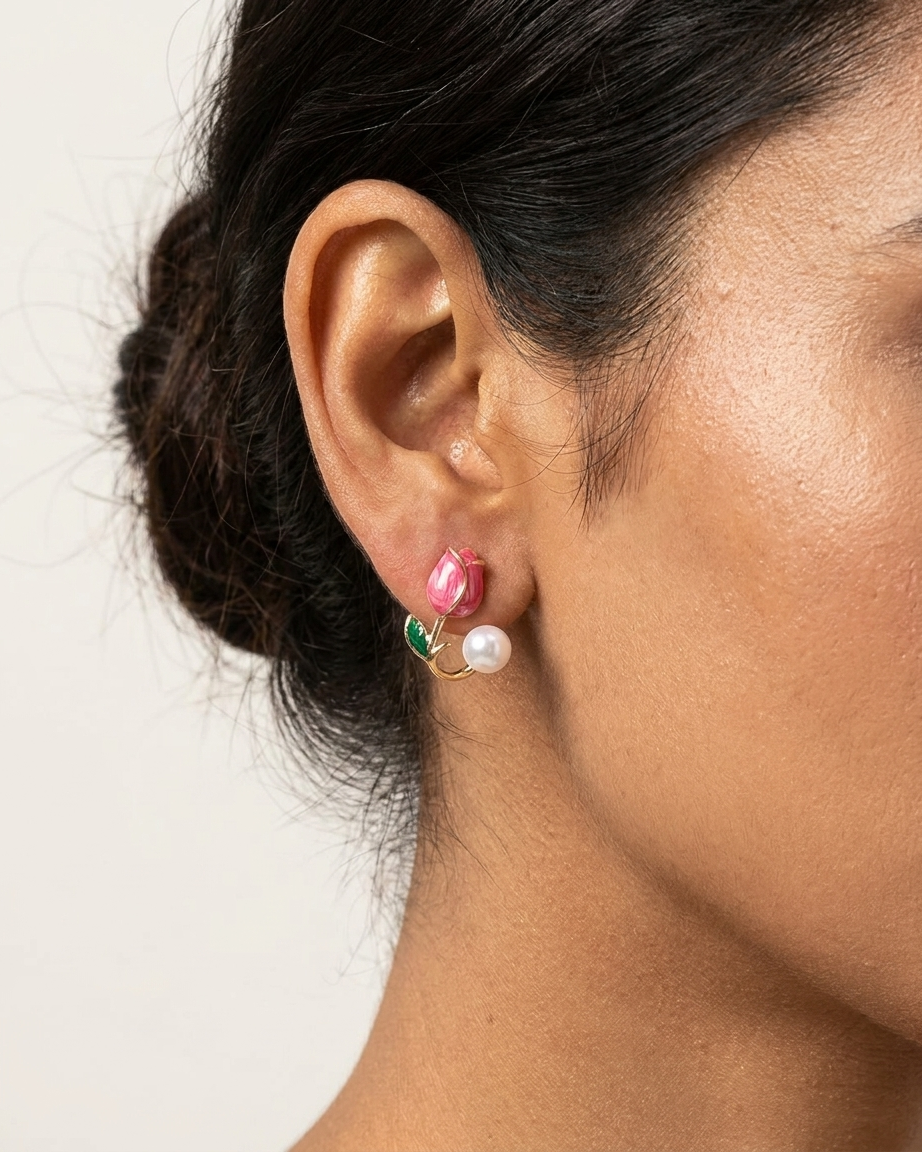 Korean-style Pink Tulip Pearl Stud Earrings | Zaryab