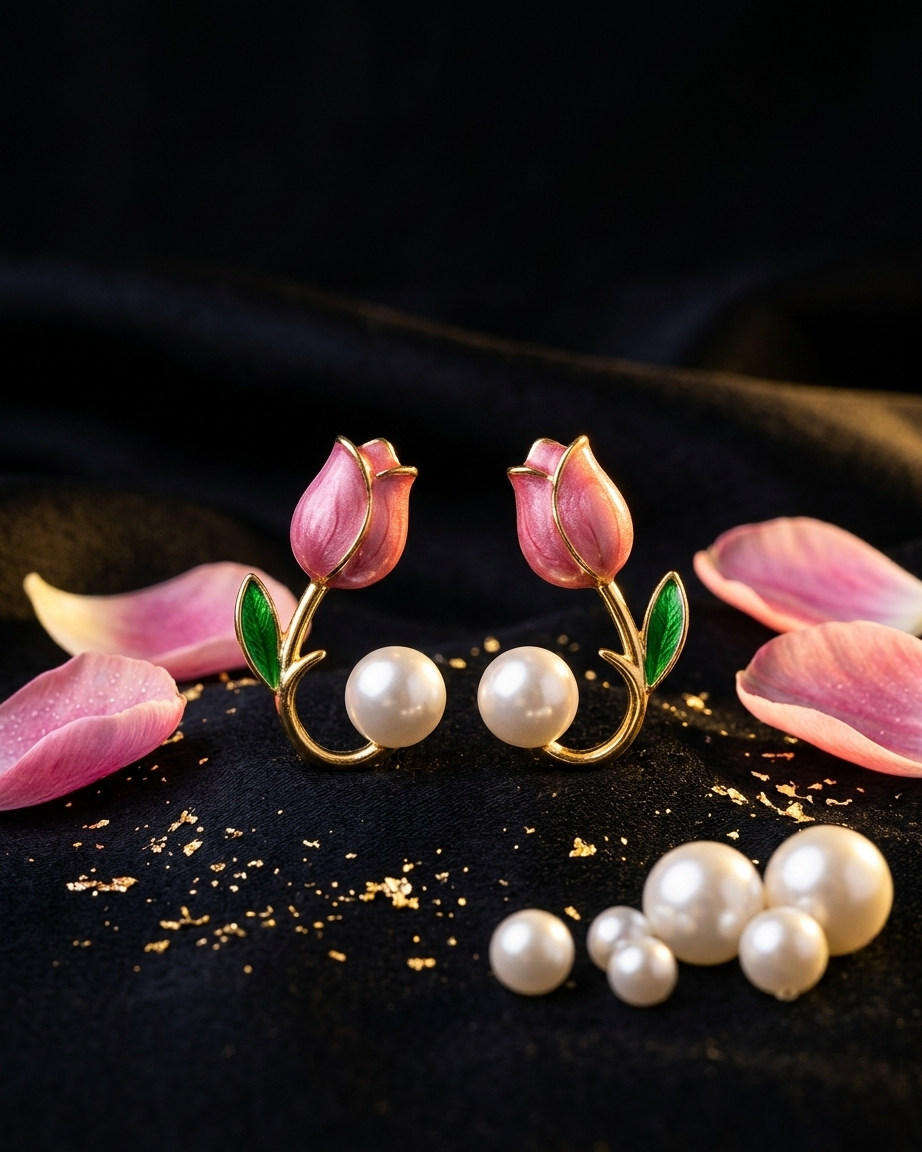 Korean-style Pink Tulip Pearl Stud Earrings | Zaryab
