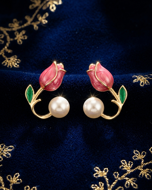 Korean-style Pink Tulip Pearl Stud Earrings | Zaryab